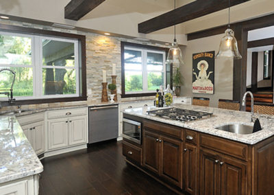 kitchen remodel exposed beam stone